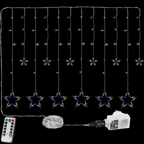 ⁨Kurtyna świetlna 12 gwiazd 150LED ciepła / zimna 2m Timer pilot IP44⁩ w sklepie Wasserman.eu