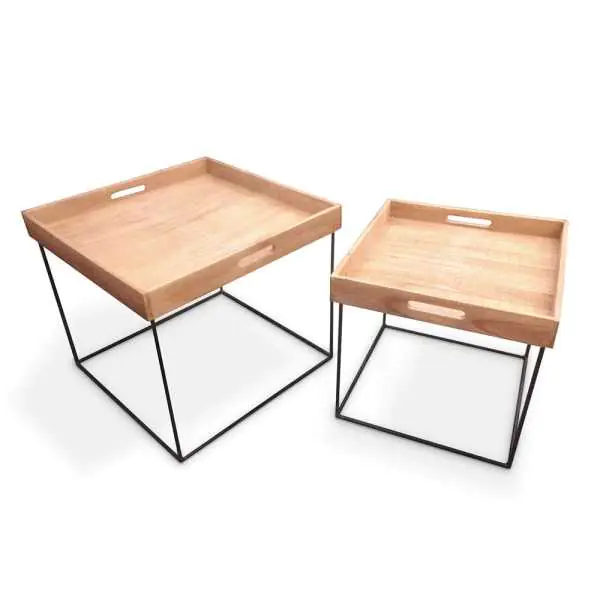 ⁨Set of metal tables with wooden tray⁩ at Wasserman.eu