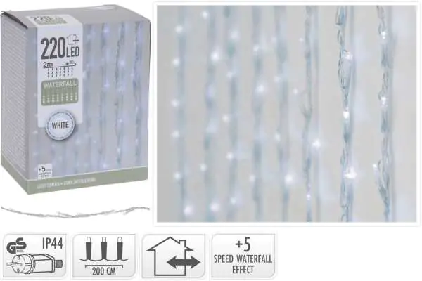 ⁨Kurtyna 220 LED lampki zewnętrzne 2x1m zimne białe IP44 efekt spadającej wody⁩ w sklepie Wasserman.eu