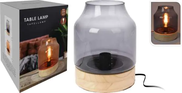 Lampa stołowa drewniana ze szkłem lampka nocna szara w sklepie Wasserman.eu