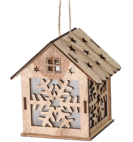 ⁨Domek drewniany dekoracyjna zawieszka świąteczna z podświetleniem LED 9x7x9,5cm motyw z płatkiem śniegu⁩ w sklepie Wasserman.eu