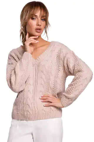 ⁨M510 Ażurowy sweter z dekoltem w serek - pudrowy (kolor pudrowy róż, rozmiar S/M)⁩ w sklepie Wasserman.eu