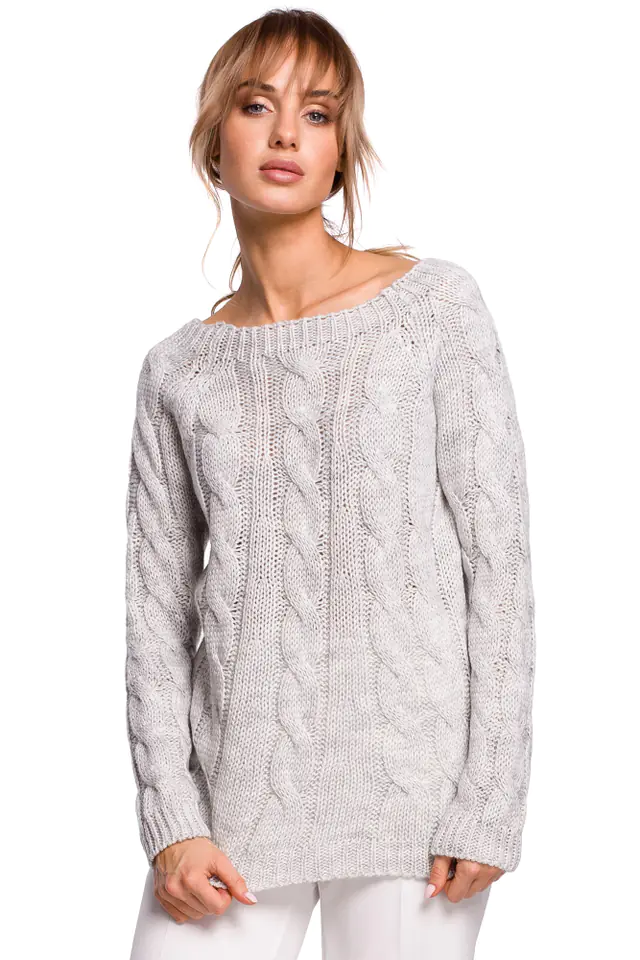 ⁨M511 Sweter z warkoczowym splotem i dekoltem w łódke - szary (kolor szary, rozmiar L/XL)⁩ w sklepie Wasserman.eu