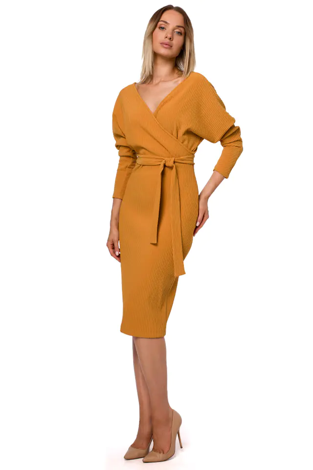 ⁨M523 Dress with envelope top and belt - mustard (Yellow, Size XL (42))⁩ at Wasserman.eu