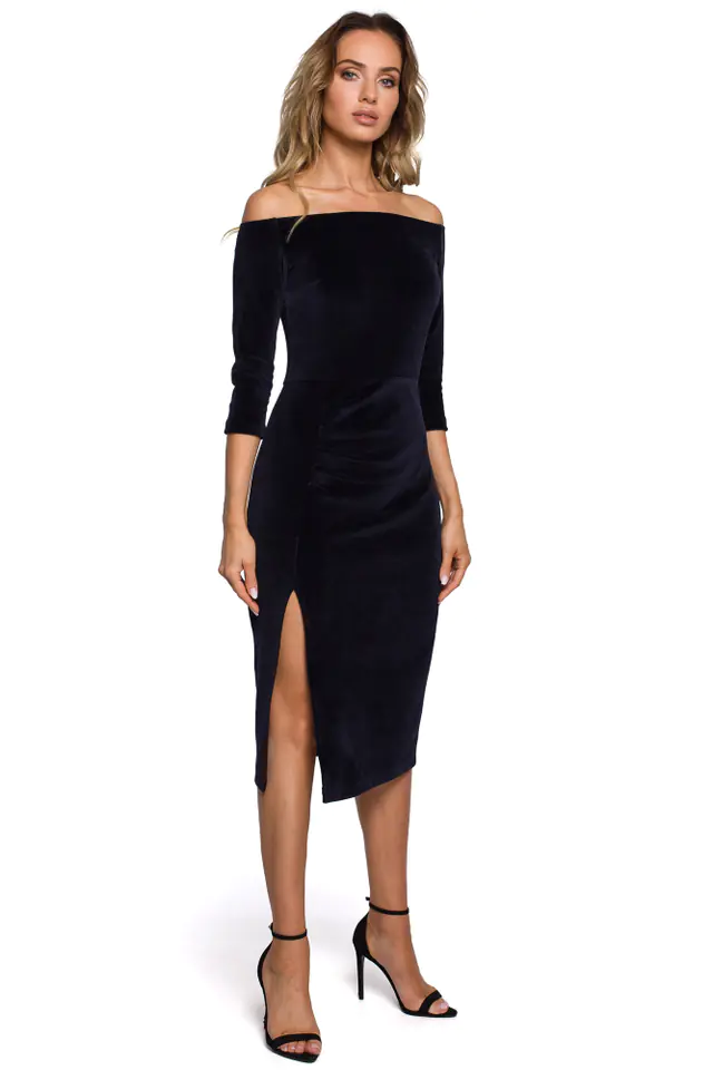 ⁨M559 Velour dress with neckline and leg slit - navy blue (Navy blue, Size L (40))⁩ at Wasserman.eu