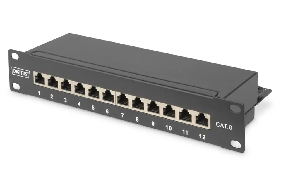 Patch panel 10 "12 ports, CAT6, S / FTP, 1U, cable support, black (complete) at Wasserman.eu