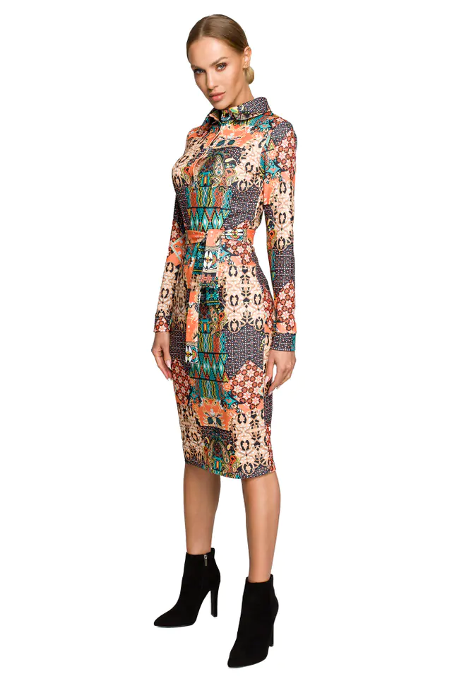 ⁨M706 Pencil dress with print and collar - model 3 (Multicolor, size M (38))⁩ at Wasserman.eu