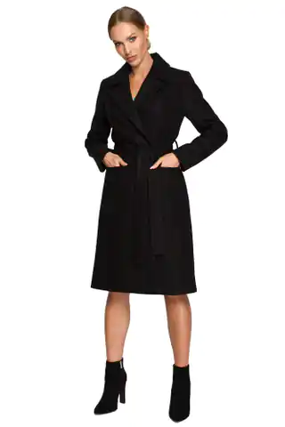 ⁨M708 Płaszcz o klasycznym kroju z paskiem - czarny (kolor czarny, rozmiar S)⁩ w sklepie Wasserman.eu