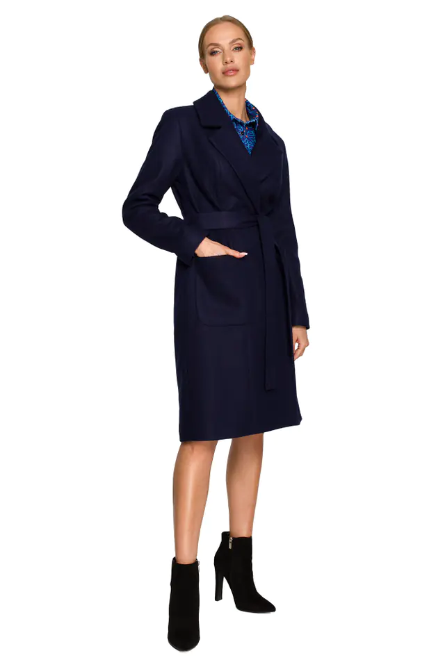 ⁨M708 Coat with a classic cut with a belt - navy blue (Navy blue, size S (36))⁩ at Wasserman.eu