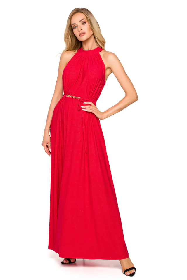 ⁨M721 Suknia z dekoltem typu halter - czerwona (kolor czerwony, rozmiar uni)⁩ w sklepie Wasserman.eu