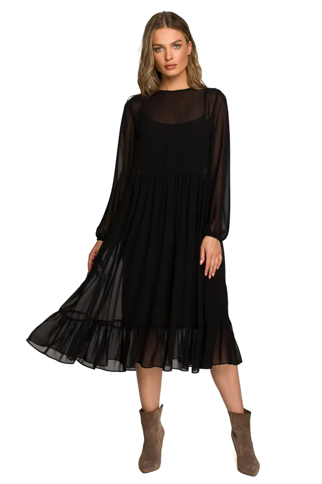 ⁨S319 Sukienka szyfonowa z falbaną - czarna (kolor black, rozmiar XXL)⁩ w sklepie Wasserman.eu
