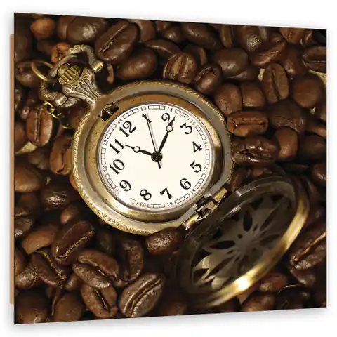 ⁨Obraz Deco Panel, Zegarek i ziarna kawy (Rozmiar 50x50)⁩ w sklepie Wasserman.eu
