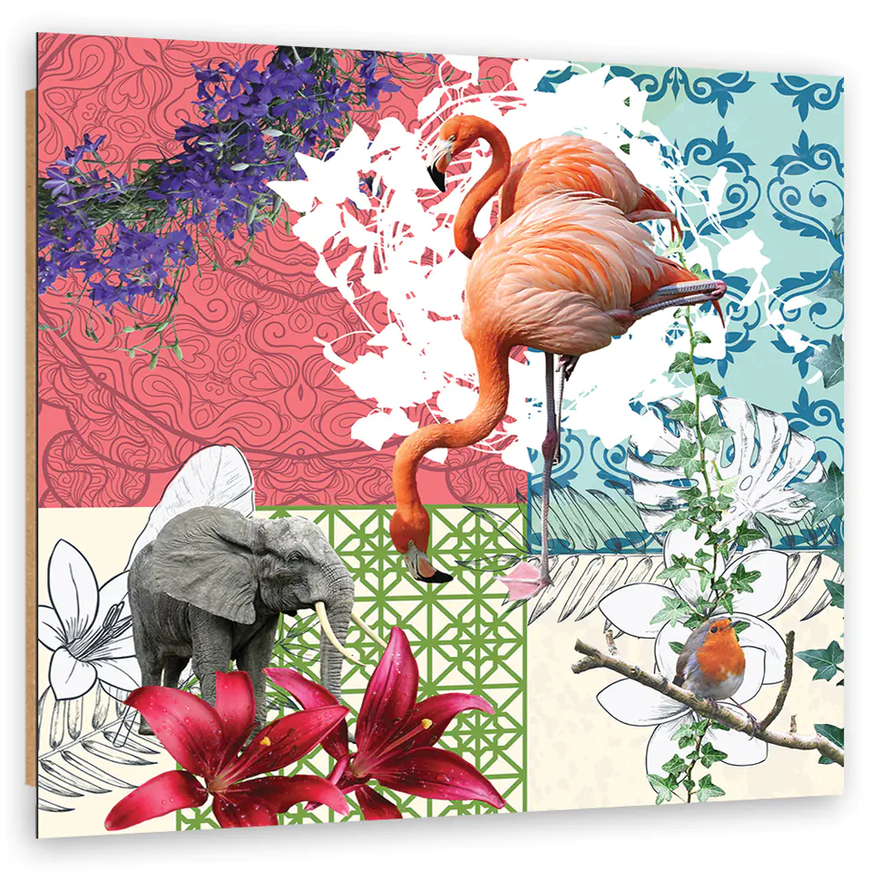 ⁨Obraz Deco Panel,  Flaming Słoń Ptak kolaż (Rozmiar 30x30)⁩ w sklepie Wasserman.eu