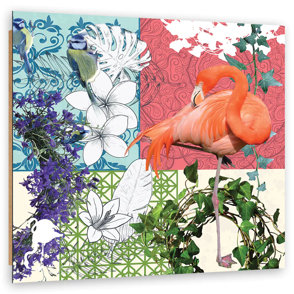 ⁨Obraz Deco Panel, Flaming i ptaki kolaż (Rozmiar 30x30)⁩ w sklepie Wasserman.eu