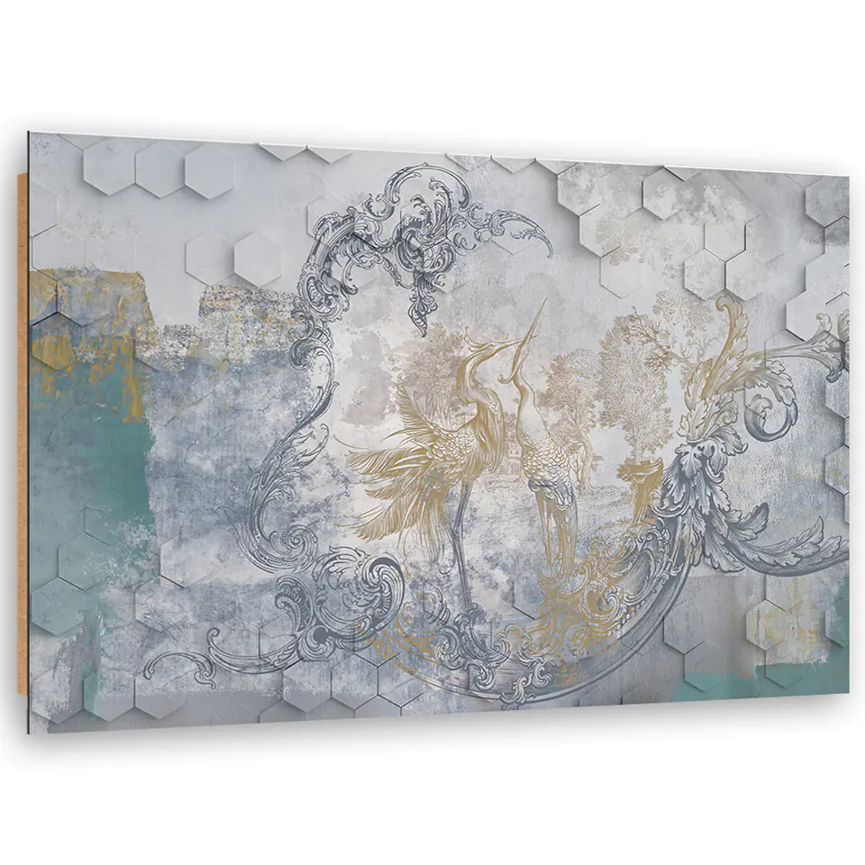 ⁨Obraz Deco Panel, Szare ptaki na geometrycznym tle (Rozmiar 60x40)⁩ w sklepie Wasserman.eu