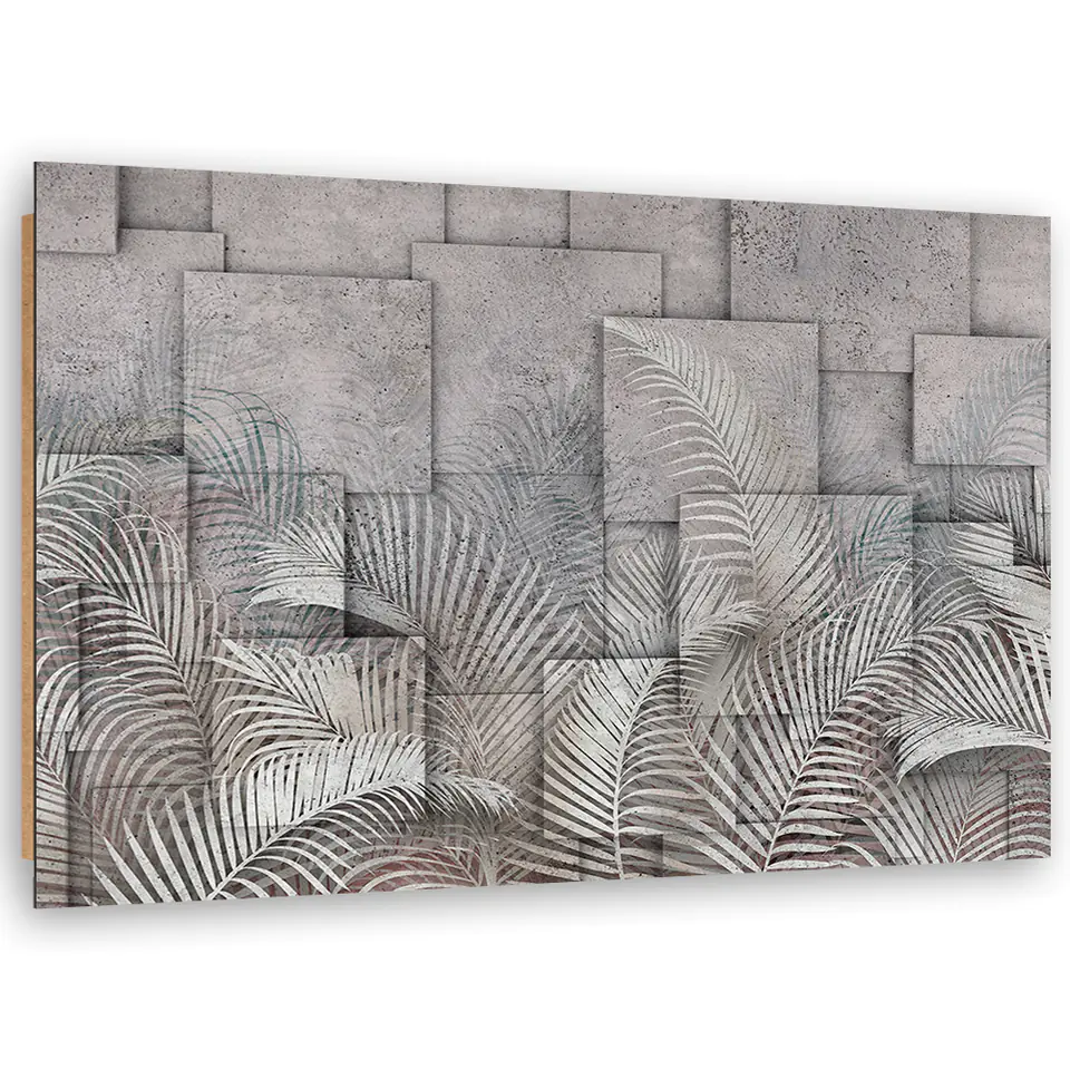 ⁨Obraz Deco Panel, Liście 3D na tle imitującym beton (Rozmiar 60x40)⁩ w sklepie Wasserman.eu