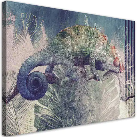 ⁨Obraz na płótnie, Kameleon na gałęzi (Rozmiar 90x60)⁩ w sklepie Wasserman.eu