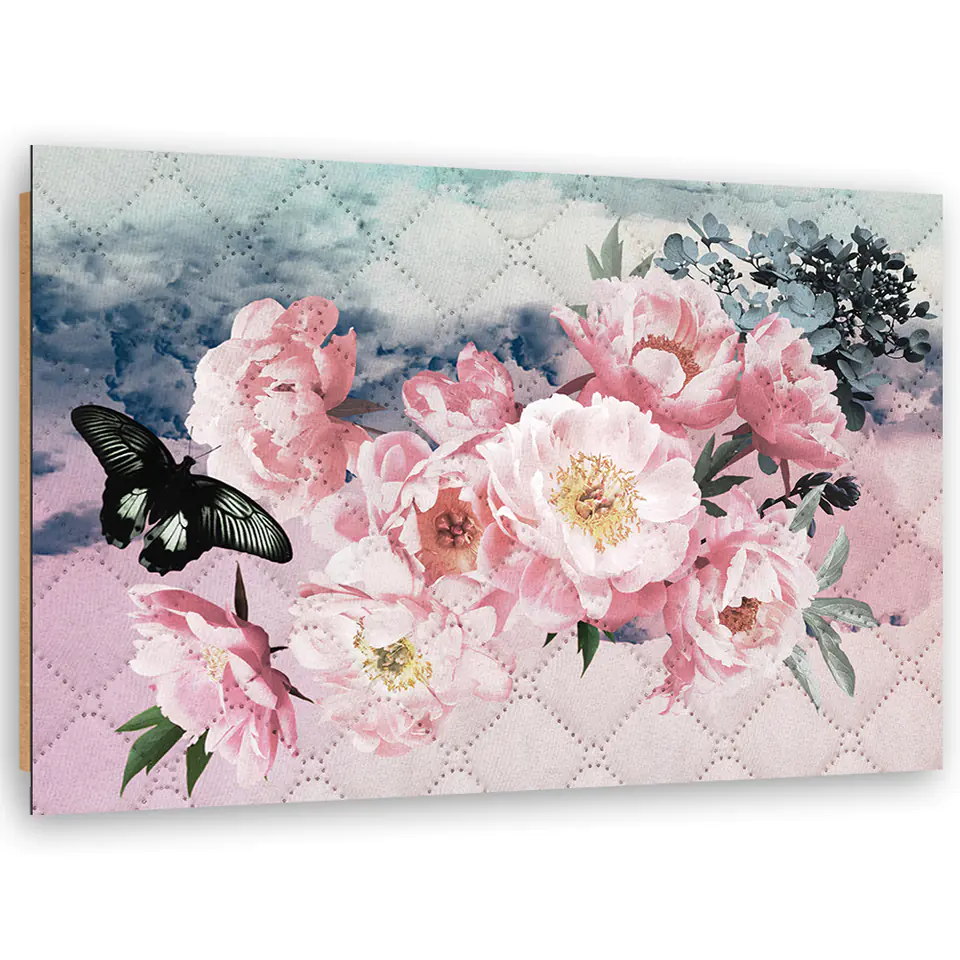 ⁨Obraz Deco Panel, Różowe kwiaty i czarny motyl (Rozmiar 90x60)⁩ w sklepie Wasserman.eu