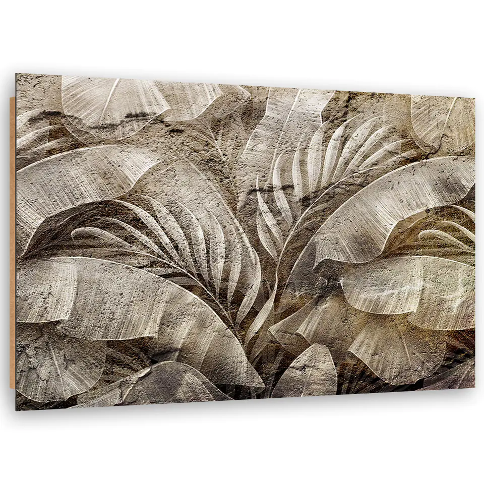 ⁨Obraz Deco Panel, Liście palmy dżungla na imitacji betonu (Rozmiar 60x40)⁩ w sklepie Wasserman.eu