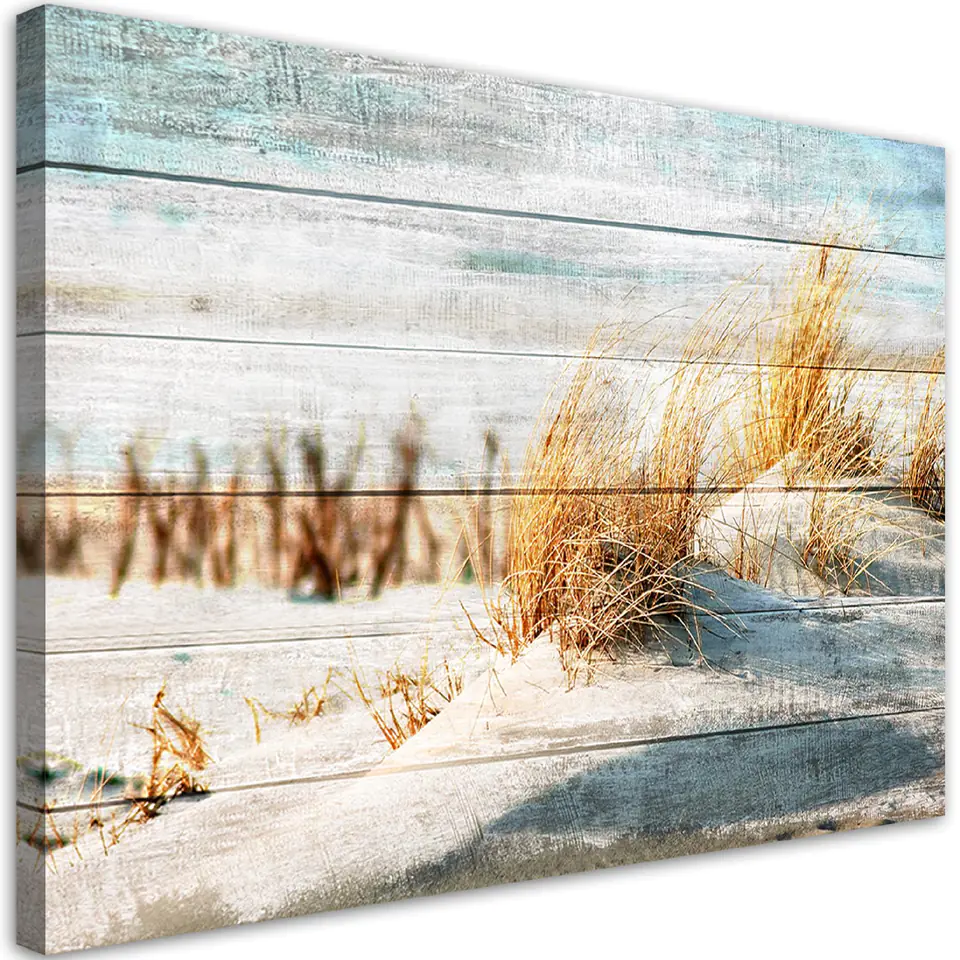 ⁨Obraz na płótnie, Plaża wydmy na drewnie (Rozmiar 60x40)⁩ w sklepie Wasserman.eu