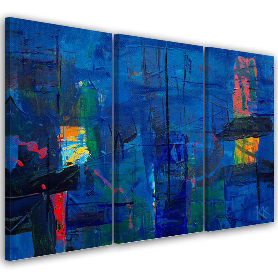 ⁨Obraz trzyczęściowy na płótnie, Niebieska abstrakcja ręcznie malowana (Rozmiar 90x60)⁩ w sklepie Wasserman.eu