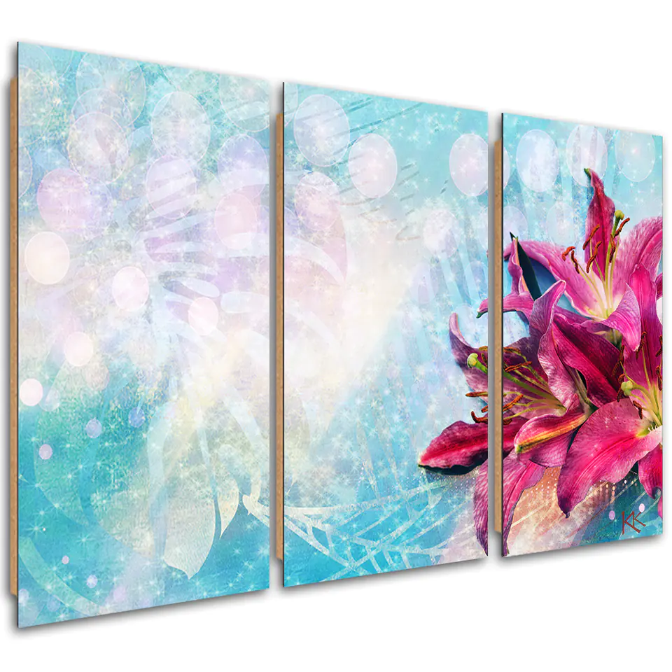 ⁨Obraz trzyczęściowy Deco Panel, Różowe kwiaty na niebieskim tle (Rozmiar 60x40)⁩ w sklepie Wasserman.eu