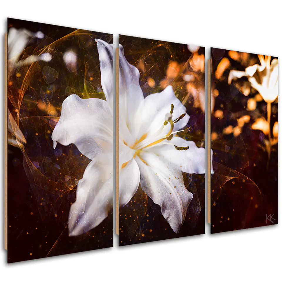 ⁨Obraz trzyczęściowy Deco Panel, Biała lilia na brązowym tle (Rozmiar 120x80)⁩ w sklepie Wasserman.eu