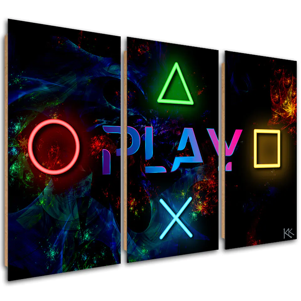 ⁨Obraz trzyczęściowy Deco Panel, Napis play i przyciski do kontrolera (Rozmiar 60x40)⁩ w sklepie Wasserman.eu