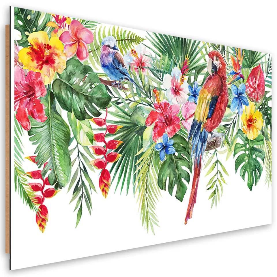 ⁨Obraz Deco Panel, Liście kwiaty papuga tropikalne (Rozmiar 90x60)⁩ w sklepie Wasserman.eu