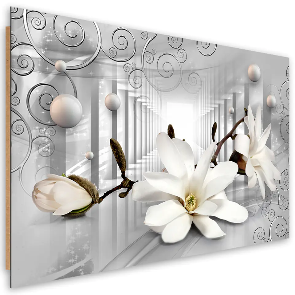 ⁨Obraz Deco Panel, Kwiaty w tunelu i srebrne kule 3D (Rozmiar 60x40)⁩ w sklepie Wasserman.eu