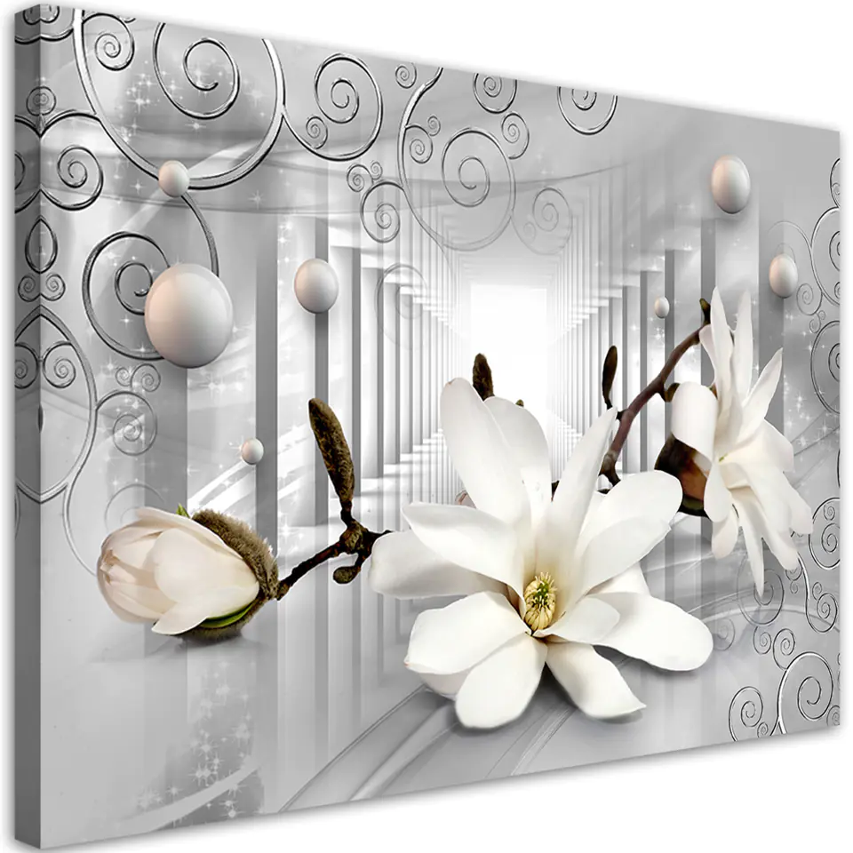 ⁨Obraz na płótnie, Kwiaty w tunelu i srebrne kule 3D (Rozmiar 60x40)⁩ w sklepie Wasserman.eu