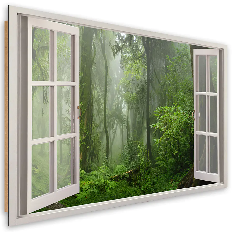 ⁨Obraz Deco Panel, Okno tropikalny las dżungla (Rozmiar 120x80)⁩ w sklepie Wasserman.eu