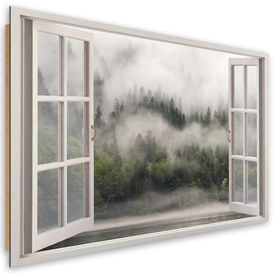 ⁨Obraz Deco Panel, Okno Las we mgle jezioro (Rozmiar 120x80)⁩ w sklepie Wasserman.eu