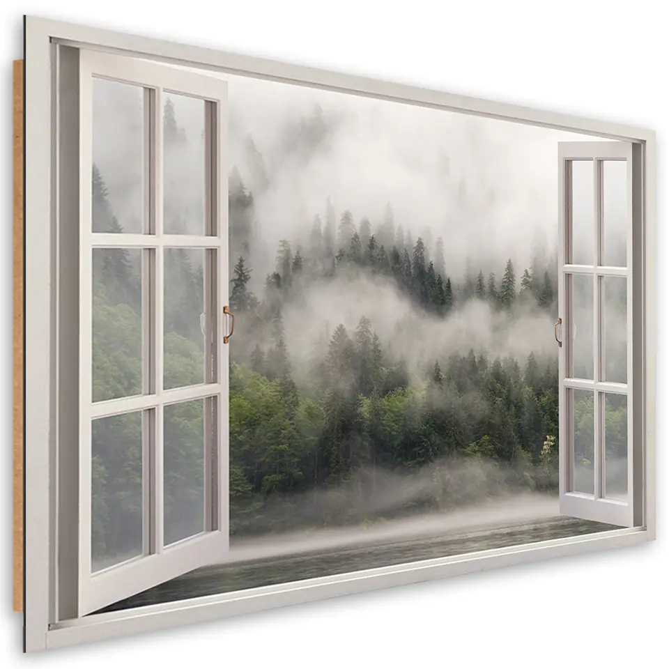 ⁨Obraz Deco Panel, Okno Las we mgle jezioro (Rozmiar 60x40)⁩ w sklepie Wasserman.eu