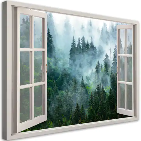 ⁨Obraz na płótnie, Okno Zielony las we mgle natura (Rozmiar 100x70)⁩ w sklepie Wasserman.eu