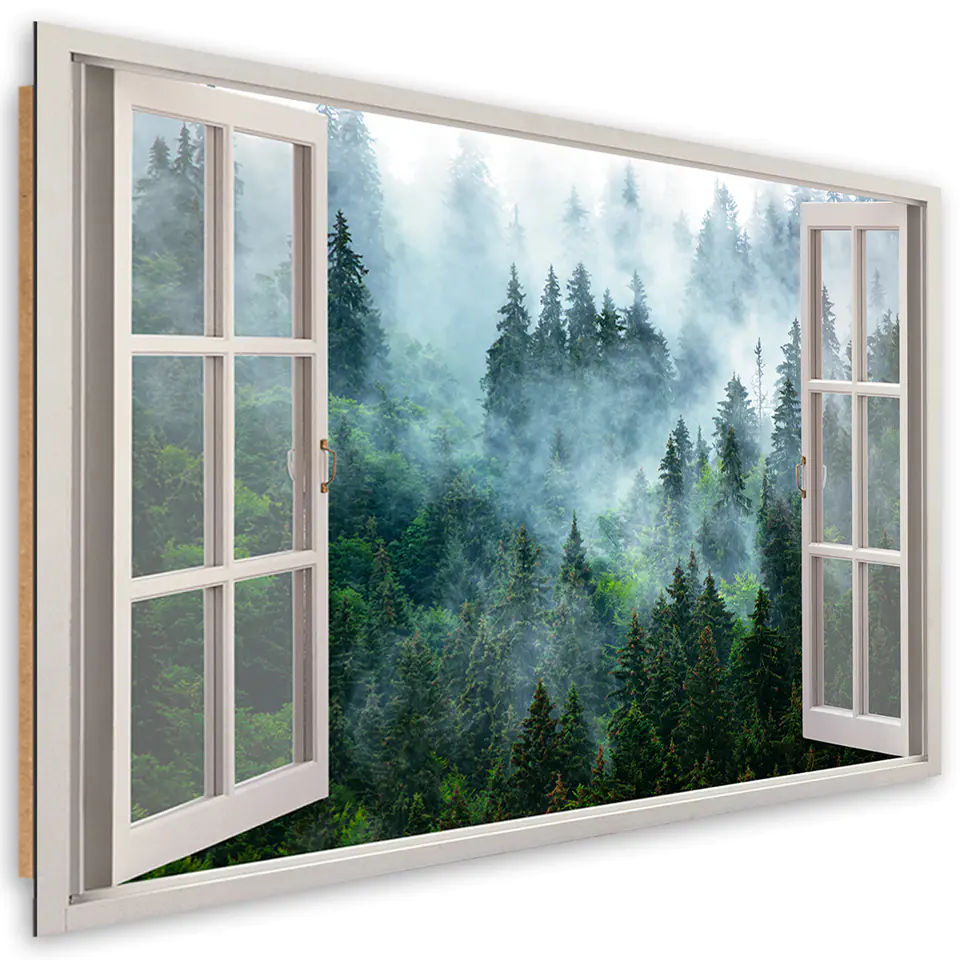 ⁨Obraz Deco Panel, Okno Zielony las we mgle natura (Rozmiar 60x40)⁩ w sklepie Wasserman.eu
