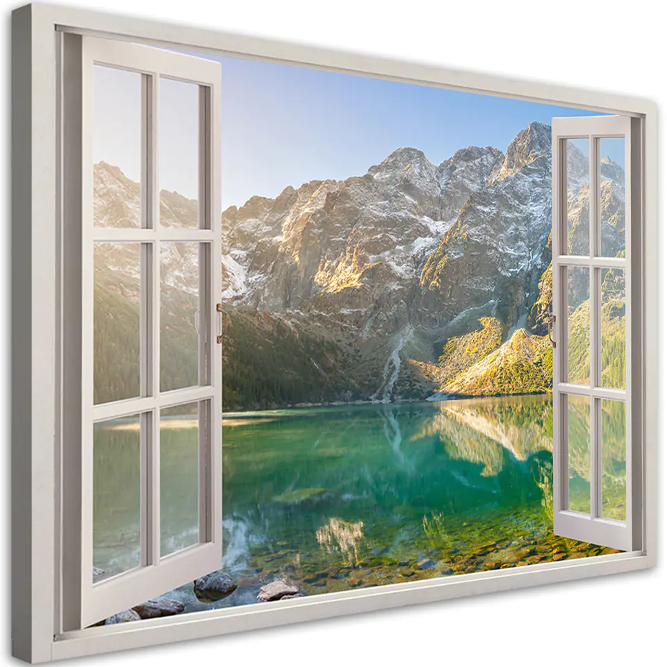 ⁨Obraz na płótnie, Okno Jezioro w górach Natura (Rozmiar 60x40)⁩ w sklepie Wasserman.eu