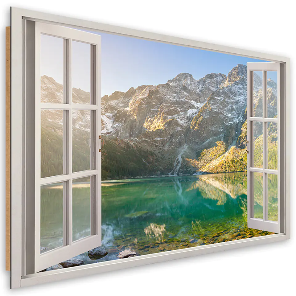 ⁨Obraz Deco Panel, Okno Jezioro w górach Natura (Rozmiar 60x40)⁩ w sklepie Wasserman.eu