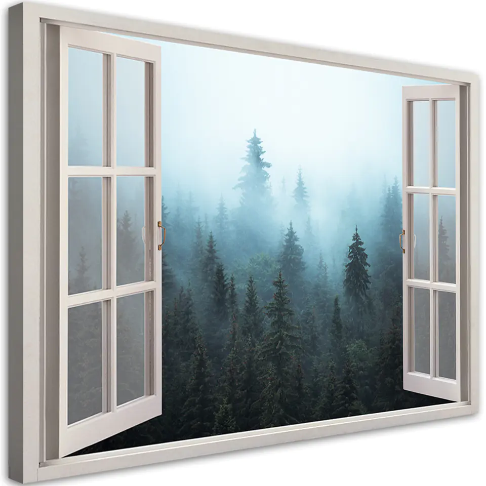 ⁨Obraz na płótnie, Okno widok Las we mgle natura (Rozmiar 60x40)⁩ w sklepie Wasserman.eu