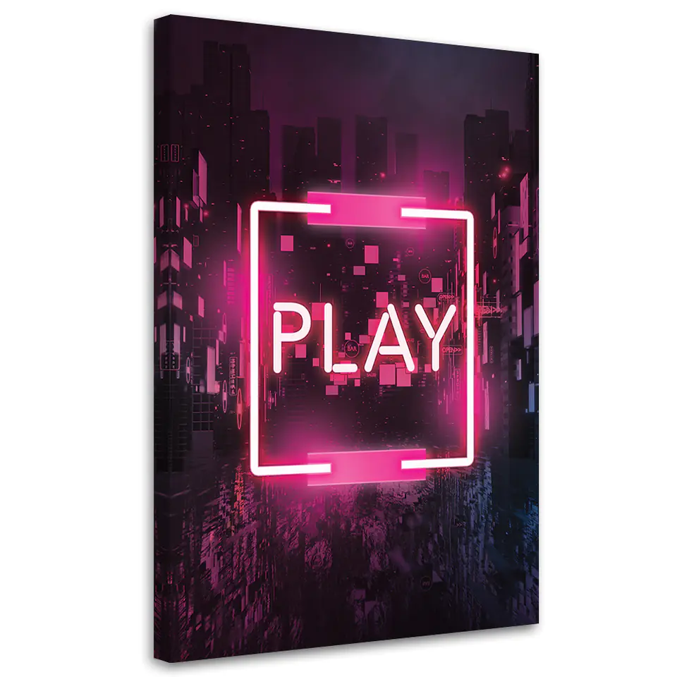 ⁨Obraz na płótnie, Różowy napis PLAY dla gracza (Rozmiar 60x90)⁩ w sklepie Wasserman.eu