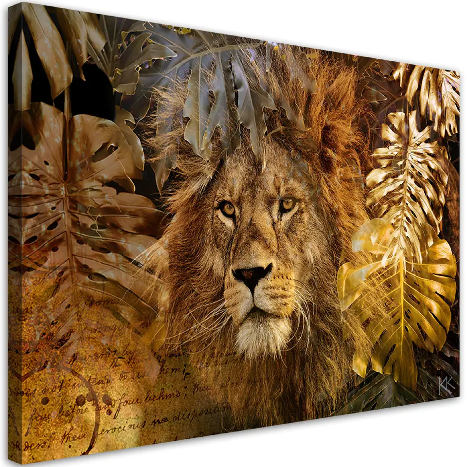 ⁨Obraz na płótnie, Lew i złote liście Monstera (Rozmiar 120x80)⁩ w sklepie Wasserman.eu