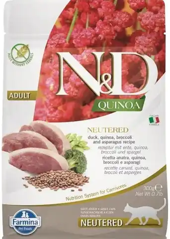 ⁨FARMINA N&D Quinoa Cat Duck, Broccoli, Asparagus Neutered Adult  - dry cat food - 300 g⁩ at Wasserman.eu