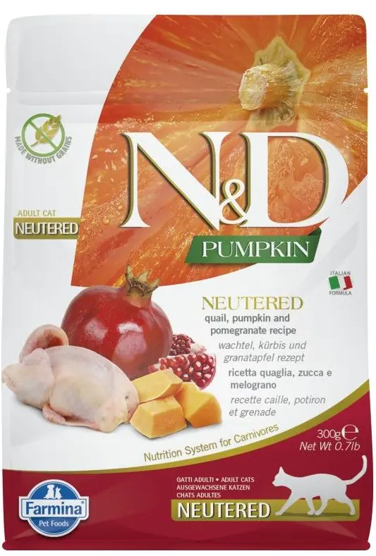 ⁨FARMINA N&D Pumpkin Cat Quail and Pomegranate Neutered Adult - dry cat food - 300 g⁩ at Wasserman.eu