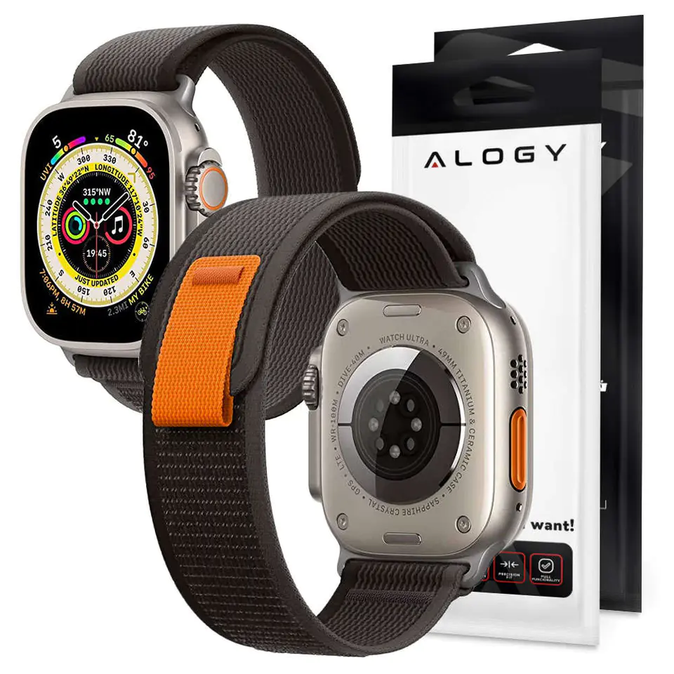 ⁨Pasek Alogy Sport na rzep do Apple Watch 4/5/6/7/8/SE/Ultra (42/44/45/49mm) Czarno-pomarańczowy⁩ w sklepie Wasserman.eu