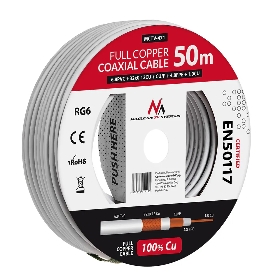 ⁨Kabel  koncentryczny Maclean, Przewód antenowy satelitarny, RG6 1.02CU+4.8FPE+CU/P+32*0.12CU+6.8PVC, 50M, MCTV-471⁩ w sklepie Wasserman.eu