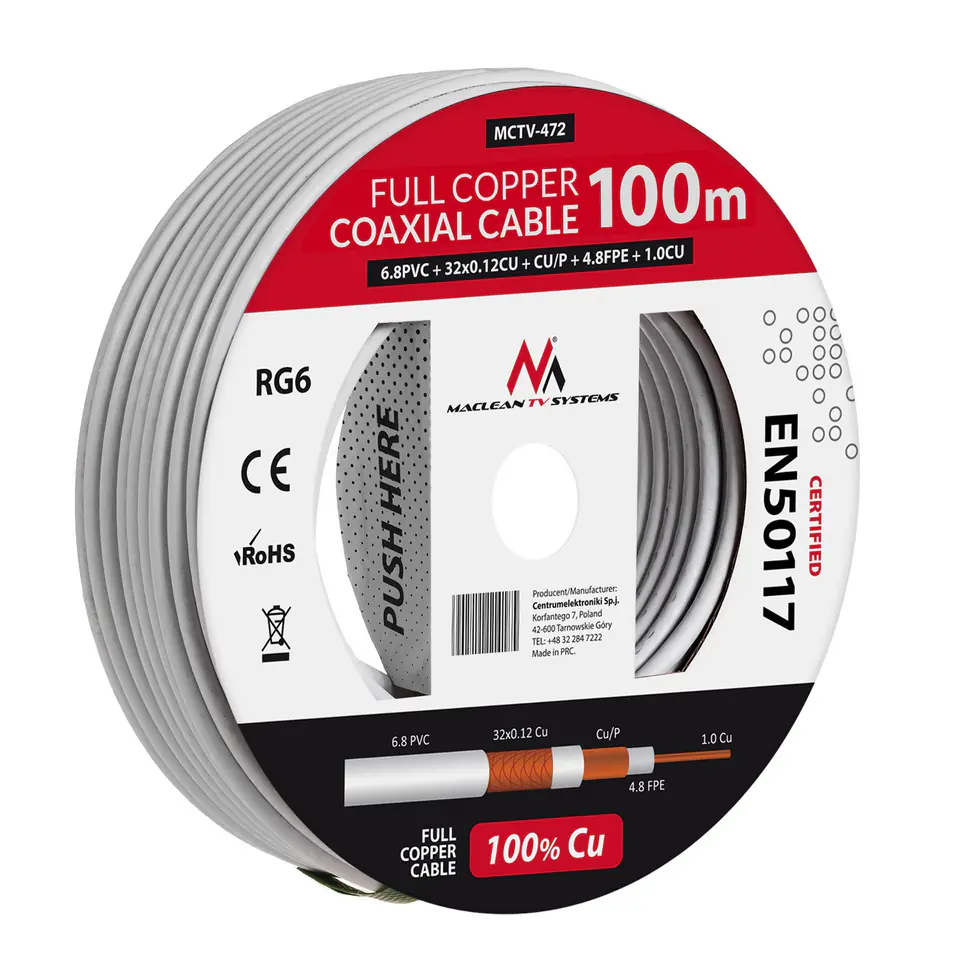 ⁨Kabel  koncentryczny Maclean, Przewód antenowy satelitarny, RG61.02CU+4.8FPE+CU/P+32*0.12CU+6.8PVC, 100M, MCTV-472⁩ w sklepie Wasserman.eu