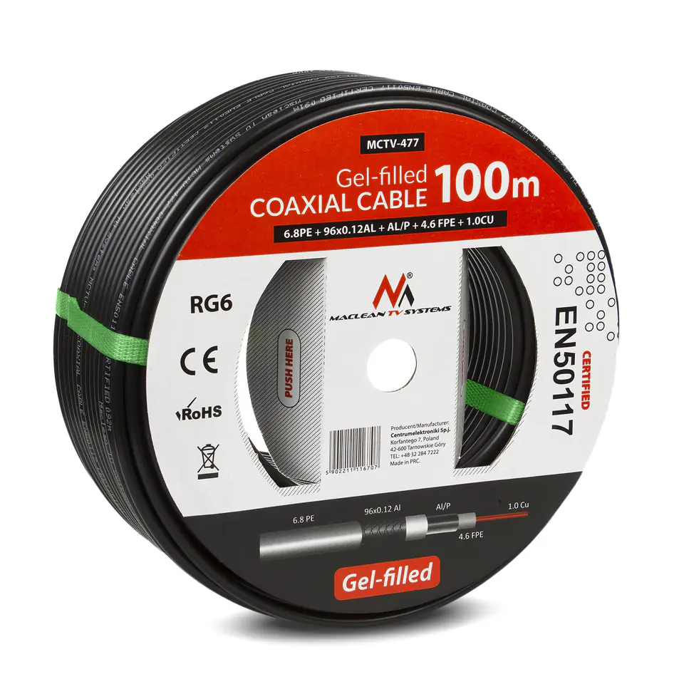 ⁨Maclean Coaxial Cable, Antenna Cable, Gelled,Earth, Outdoor, Satellite, RG6 75Ohm, 100M, MCTV-477⁩ at Wasserman.eu