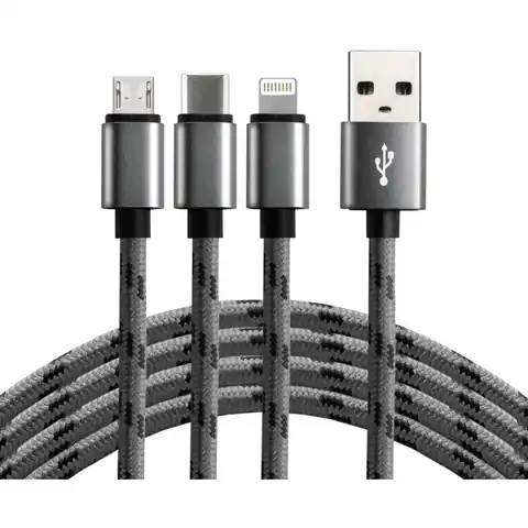 ⁨Kabel USB -> USB-C/microUSB/Lightning 3w1 1,2m 2,4A pleciony czarny EVERACTIVE (CBB-1.2MCI)⁩ w sklepie Wasserman.eu