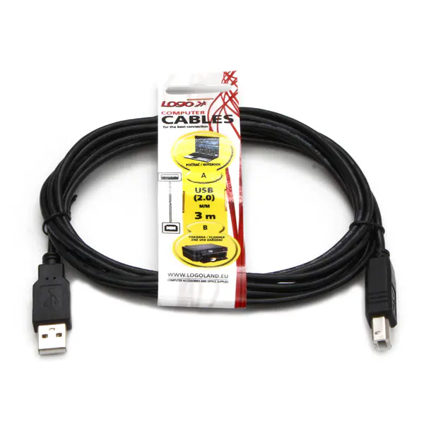 ⁨Logo USB kabel (2.0), USB A M - USB B (M), 3m, czarny⁩ w sklepie Wasserman.eu