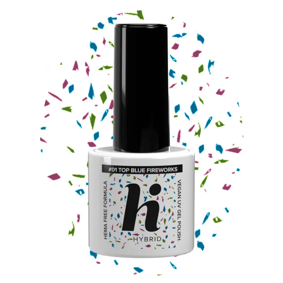 ⁨Hi Hybrid HEMA Free Top na lakier hybrydowy No Wipe #01 Blue Fireworks 5ml⁩ w sklepie Wasserman.eu